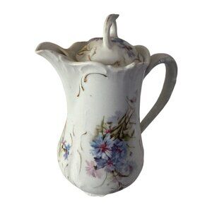 Antique German Porcelain Creamer With Lid Hand-Painted Floral Design & Scalloped